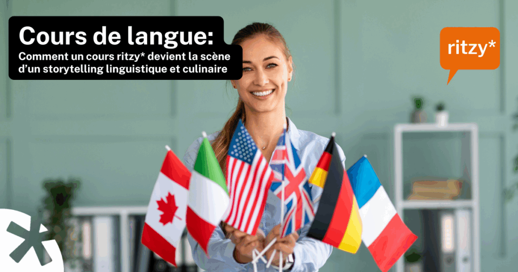 Une femme portant des drapeaux de différents pays symbolisant les langues italiennes, français, allemandes et anglaises