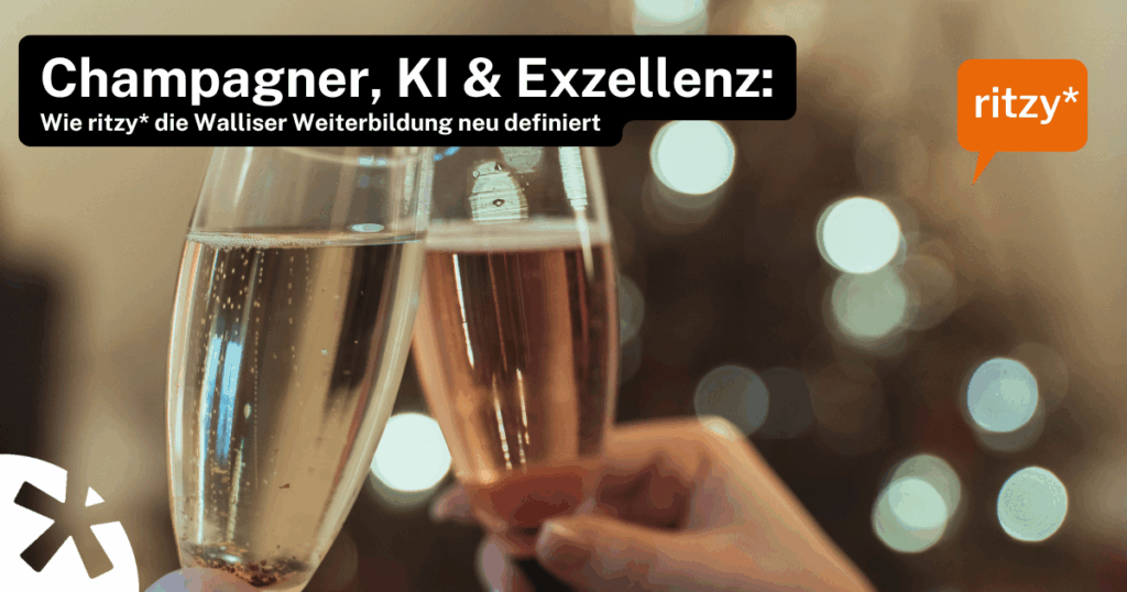 Zwei Champagnergläser stoßen in festlicher Atmosphäre an – eine Darstellung von Exzellenz und Innovation in der Weiterbildung mit ritzy* im Wallis.