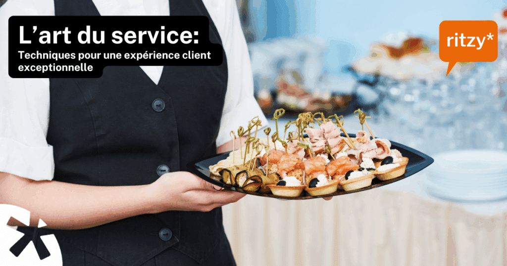 Serveur professionnel en action dans un cadre élégant, illustrant les techniques de service pour une expérience client exceptionnelle, avec le texte « L’art du service ».