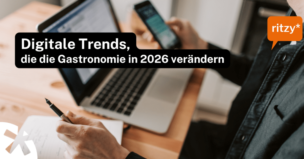 Digitale Trends in der Gastronomie: Illustration mit Symbolen für Technologie, Innovation und modernen Restaurantbetrieb.