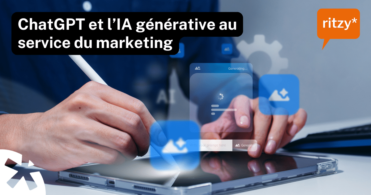 Personne utilisant un stylet sur une tablette, avec des icônes numériques et l’intitulé "ChatGPT et l’IA générative au service du marketing